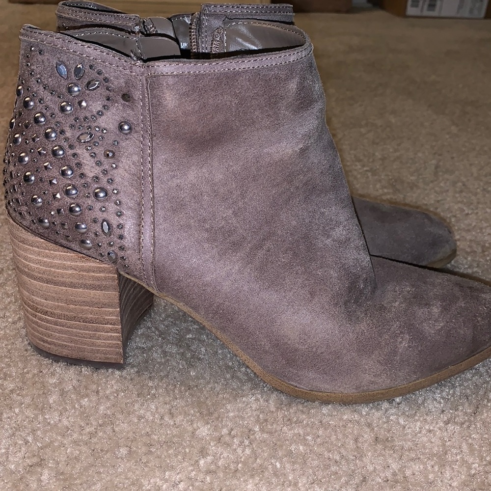 Tan suede booties with bedazzled heel